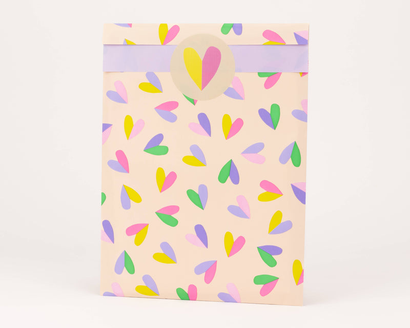 Sacs en papier cœur battant, beige / rose / lilas: Taille M (12 x 21 cm)