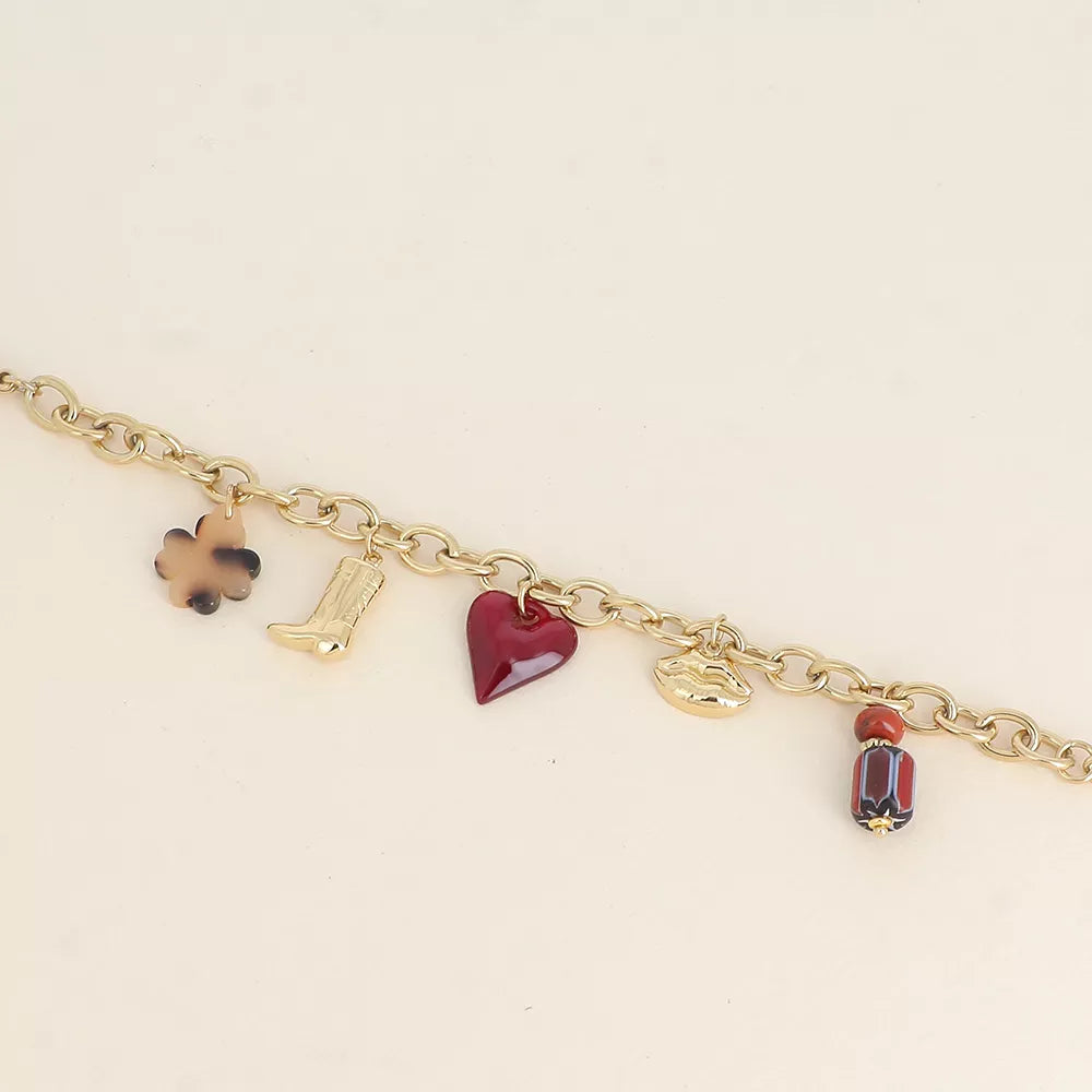 Bracelet - perles en céramique, trèfle et coeur en résine, botte et bouche