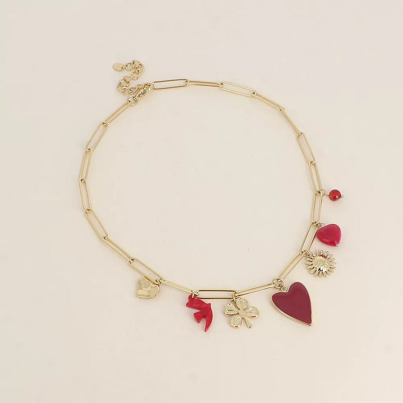 Collier - coeur martelé, oiseau en résine, coeur en émail, fleur, coeur en pierre naturelle