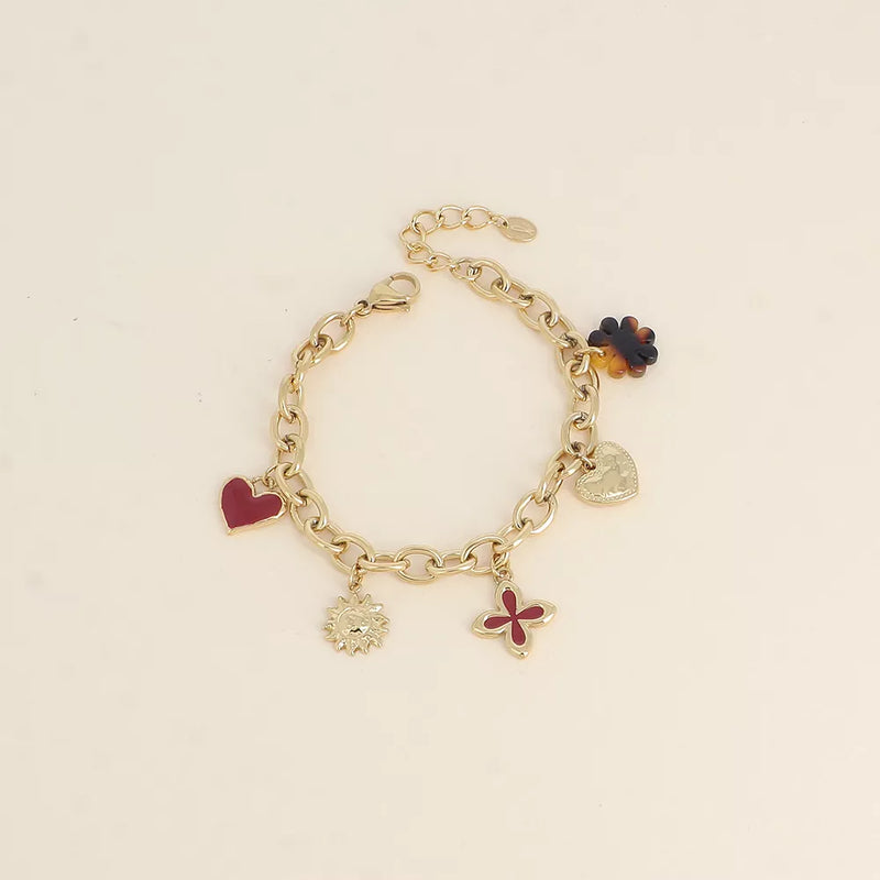 Bracelet - pendentifs (trèfles, coeurs, émail, soleil, fleur en résine léopard)
