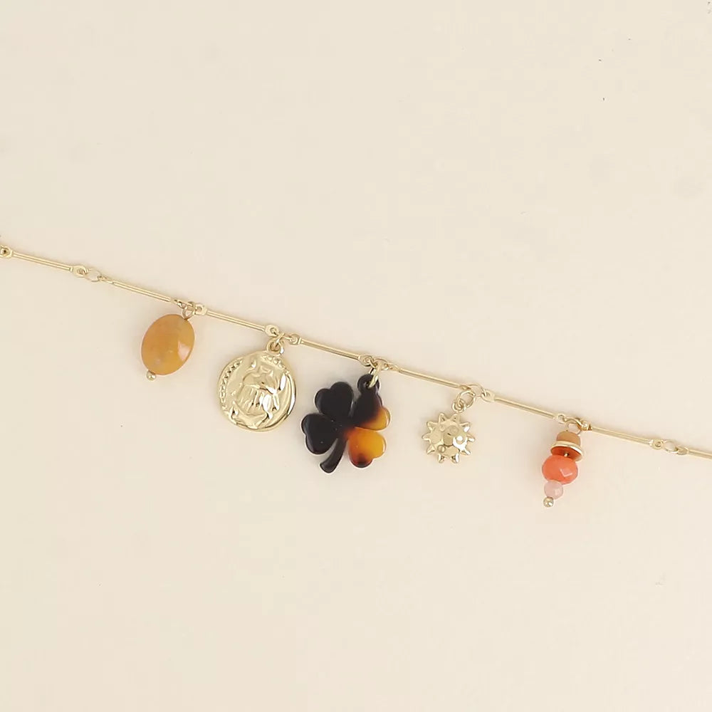 Bracelet - pendentifs (pierres naturelles, scarabée, soleil, trèfle en résine léopard)