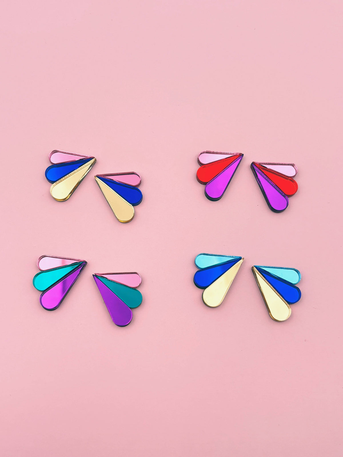 Boucles d'Oreilles Puces Miroirs Armance: Bleu/Or/Rose