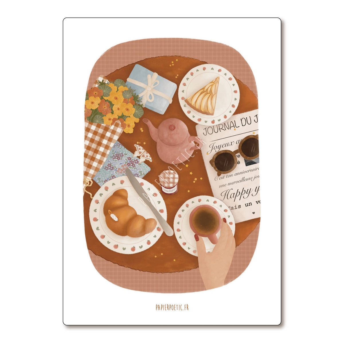 Carte "Table d'anniversaire" café croissant journal