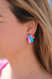 Boucles d'Oreilles Puces Miroirs Armance: Bleu/Or/Rose