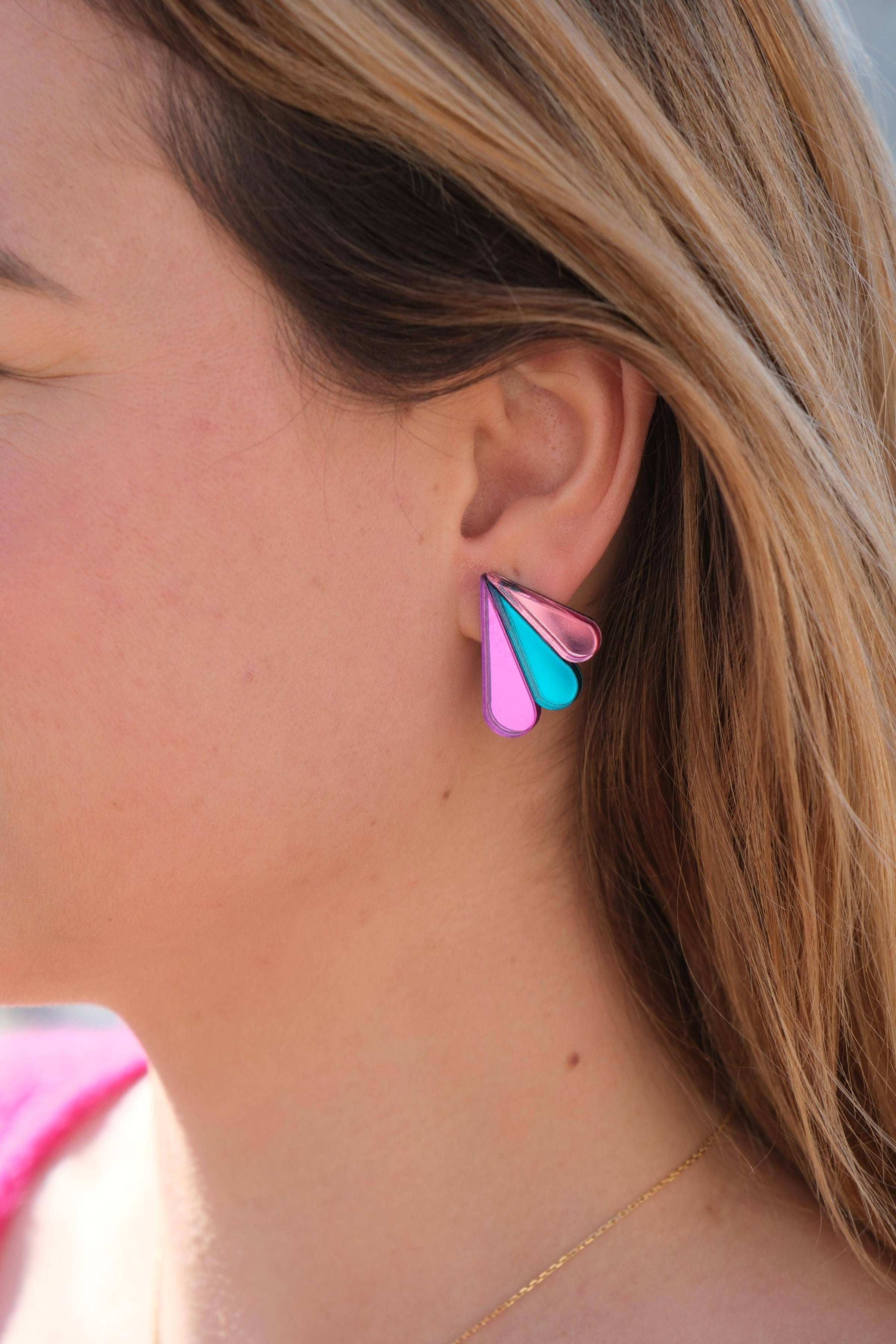 Boucles d'Oreilles Puces Miroirs Armance: Bleu/Bleu Ciel/Or