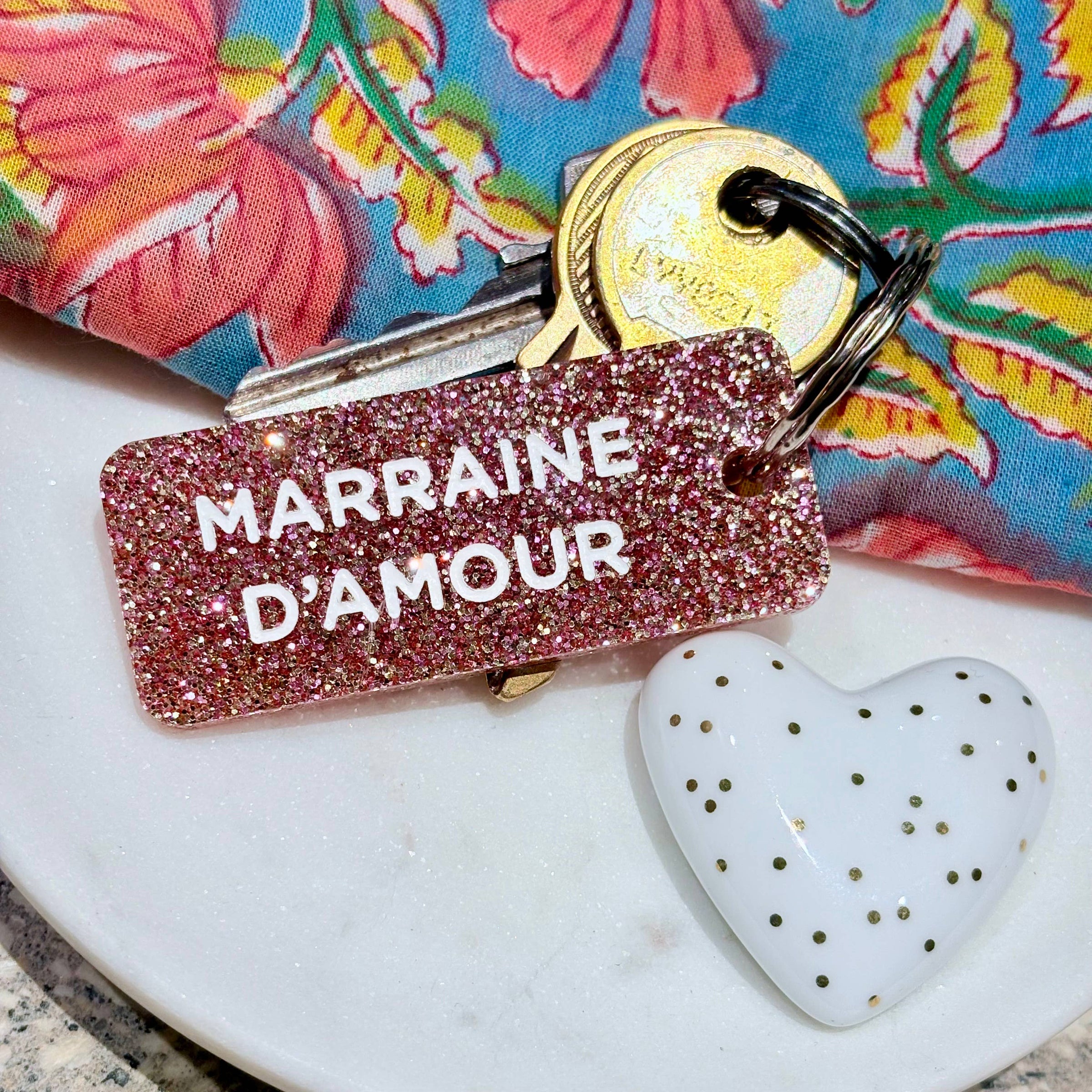 MARRAINE D'AMOUR Porte-clés à paillettes Rose