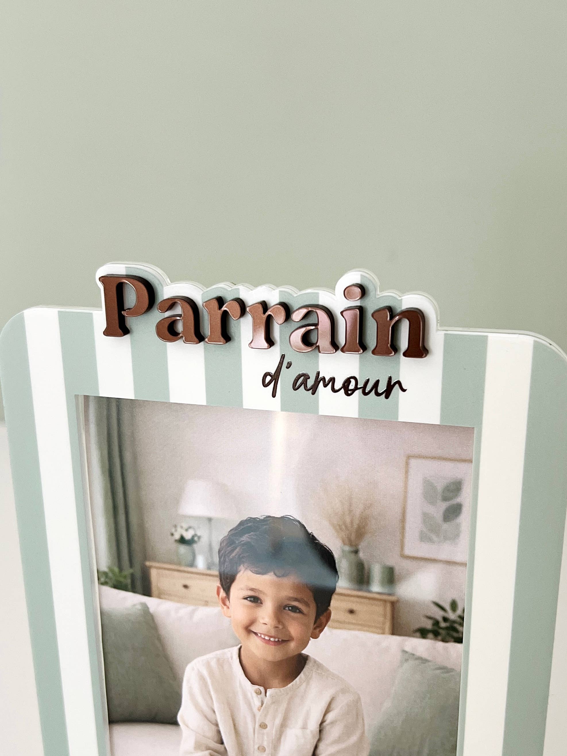 Cadre photo rayures sauge Parrain d'amour