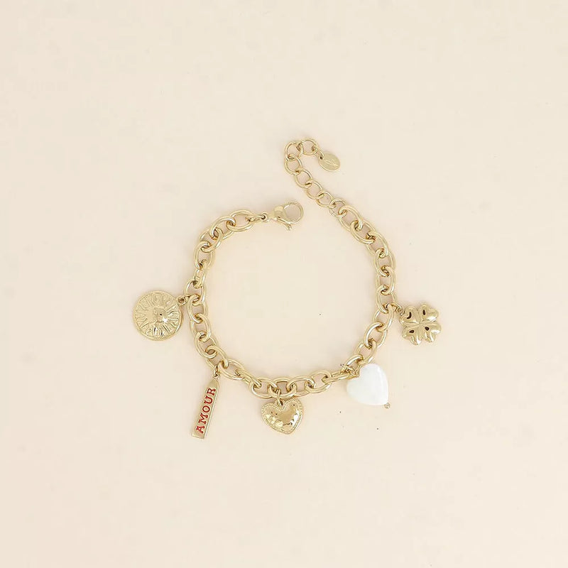 Bracelet - soleil, plaquette AMOUR en émail, coeurs, trèfle
