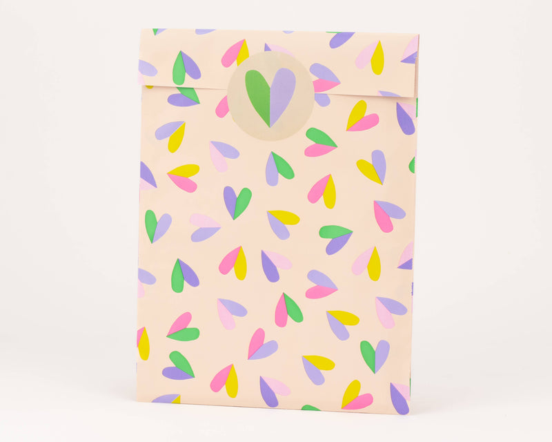 Sacs en papier cœur battant, beige / rose / lilas: Taille M (12 x 21 cm)