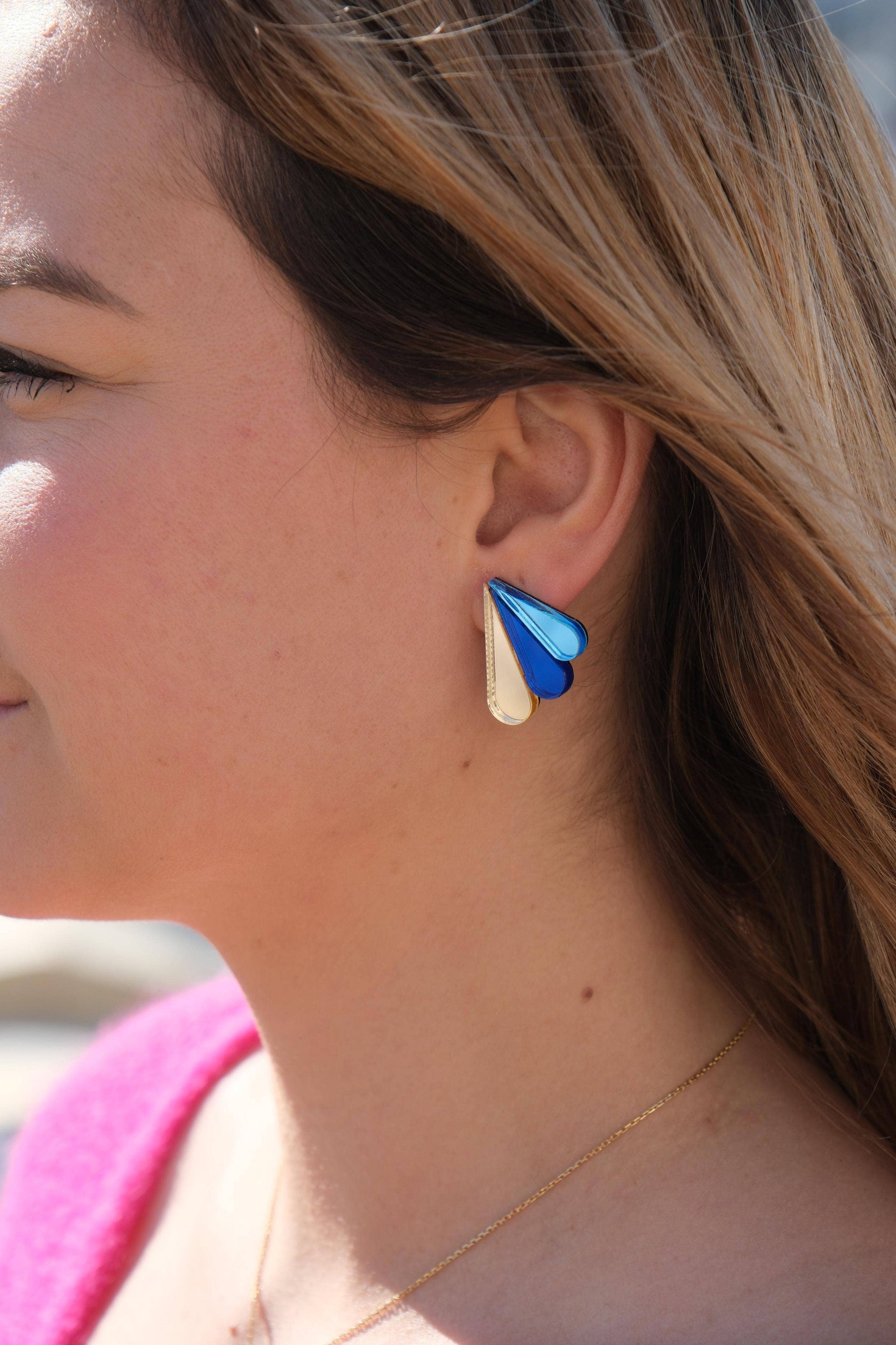 Boucles d'Oreilles Puces Miroirs Armance: Bleu/Bleu Ciel/Or