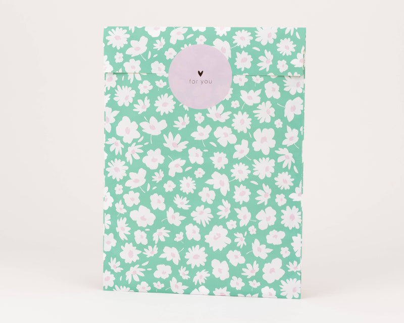 Sacs en papier marguerites, vert: Taille M (12 x 21 cm)