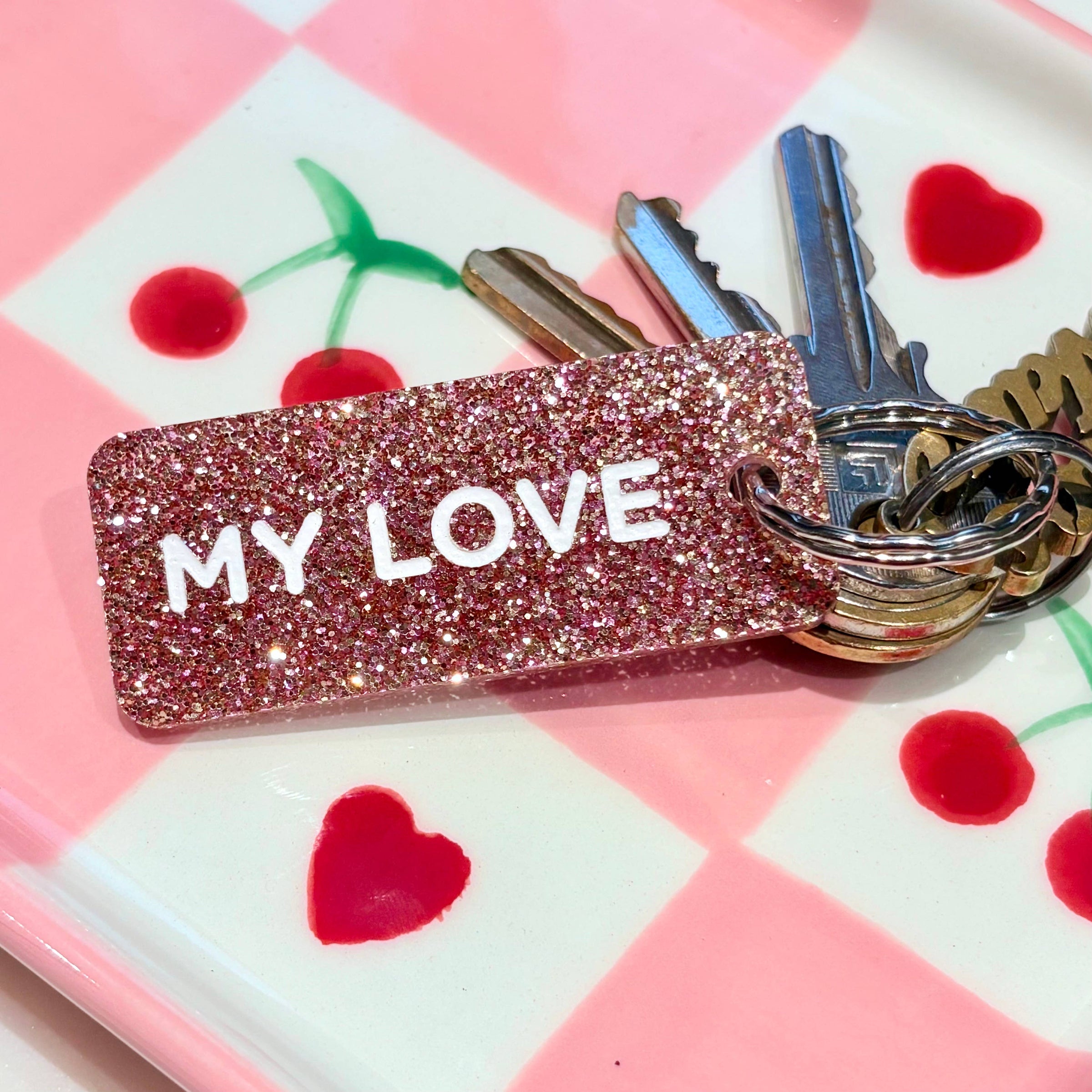 MY LOVE Porte-clés à paillettes Rose