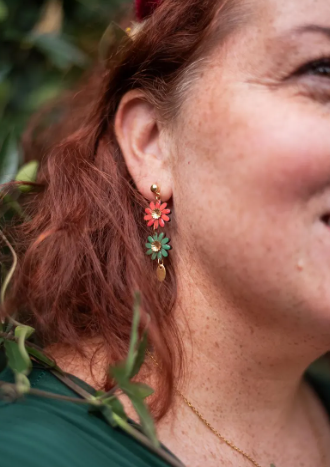 Boucles "Double aster" oranges et vertes