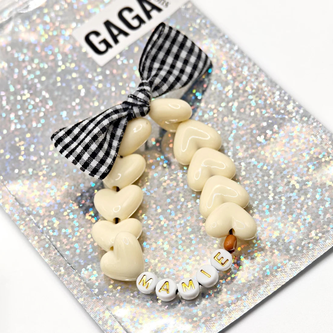 Bracelet GAGA - Maxi Beige, blanc doré & Noeud vichy MAMIE