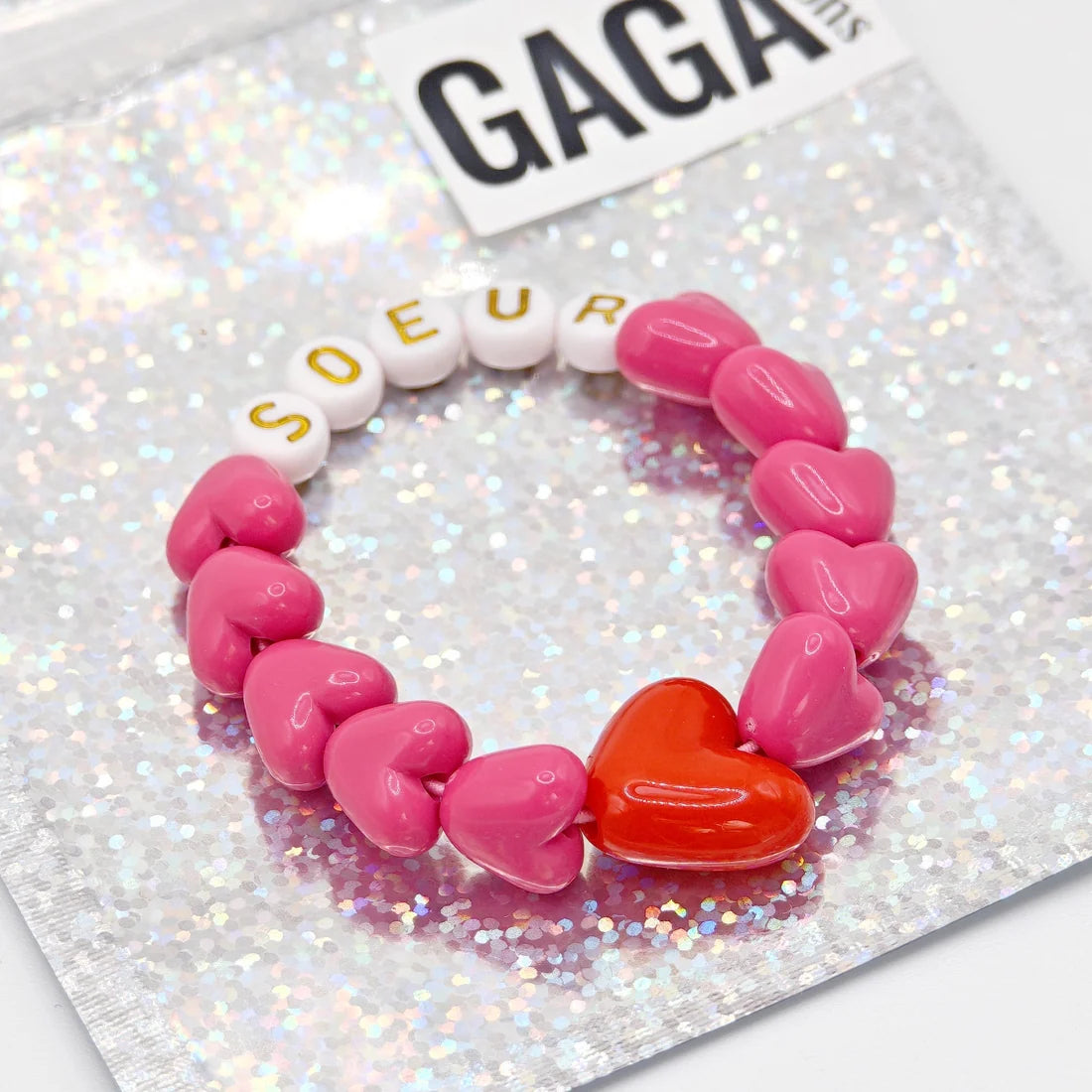 Bracelet GAGA - SOEUR Fuchsia, Blanc doré & Maxi coeur Rouge ❤️