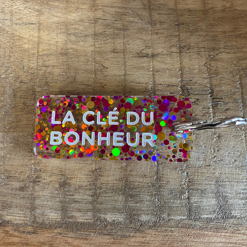 Porte-clés à paillettes Fuchsia / Or : LA CLÉ DU BONHEUR