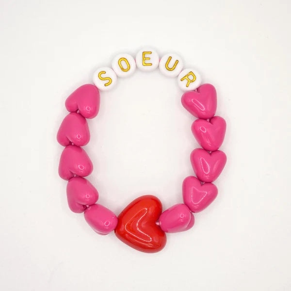Bracelet GAGA - SOEUR Fuchsia, Blanc doré & Maxi coeur Rouge ❤️