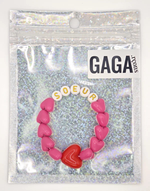 Bracelet GAGA - SOEUR Fuchsia, Blanc doré & Maxi coeur Rouge ❤️