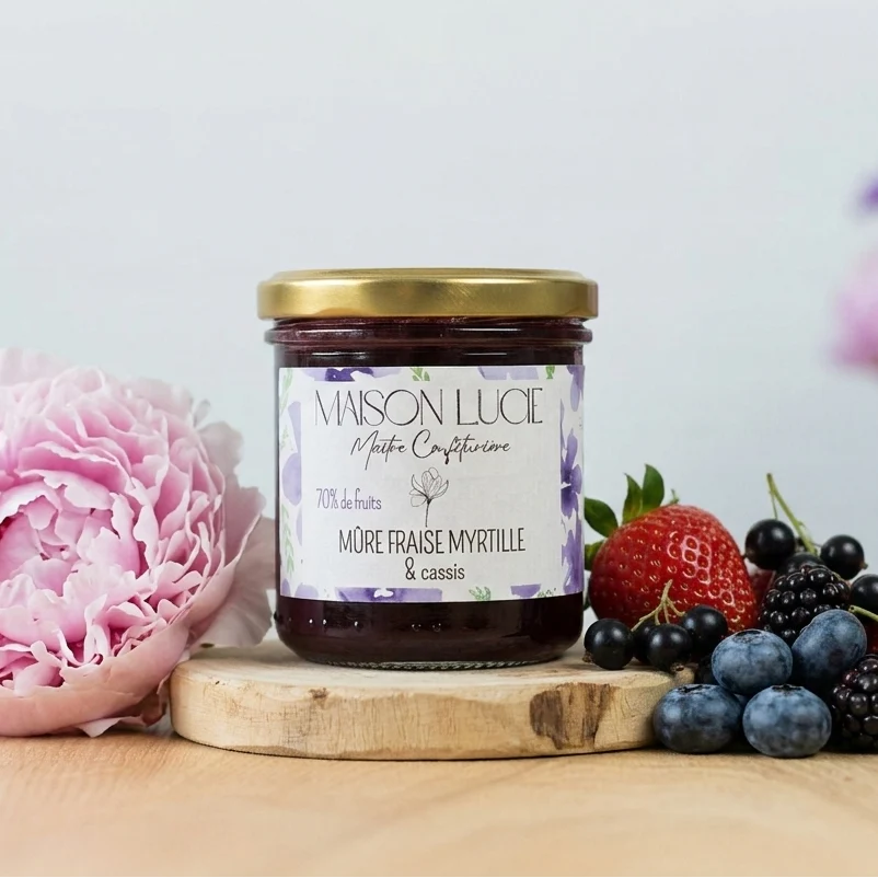 Confiture Mûre Fraise Myrtille Cassis 70% de fruits - 150g