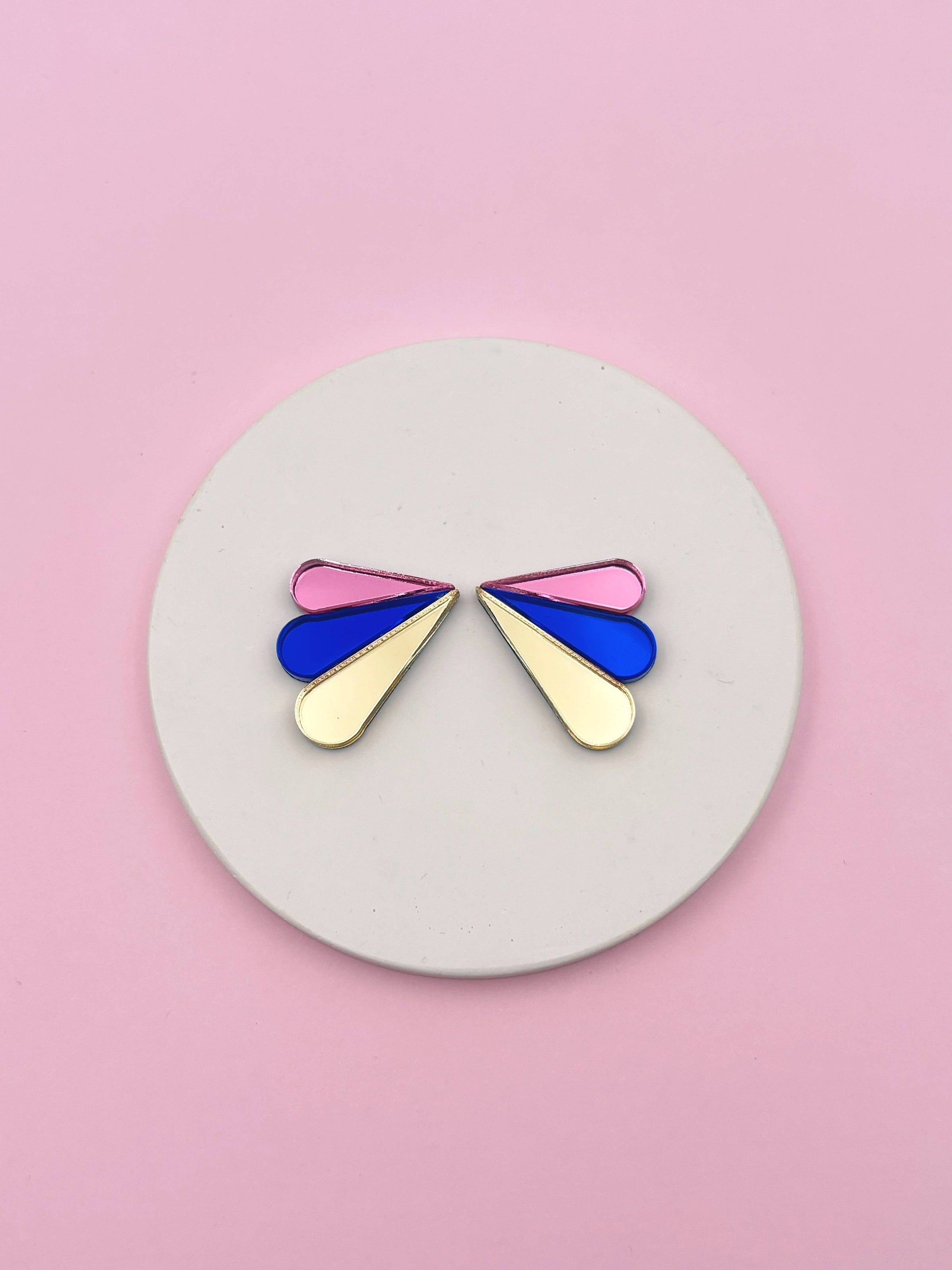 Boucles d'Oreilles Puces Miroirs Armance: Bleu/Or/Rose