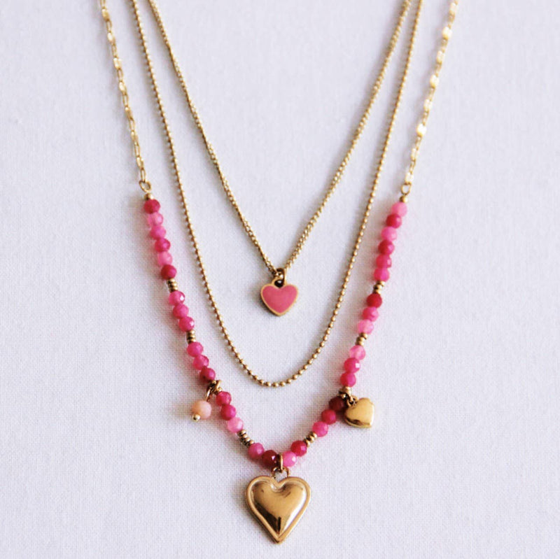 Chaîne triple avec cœurs - rose/or